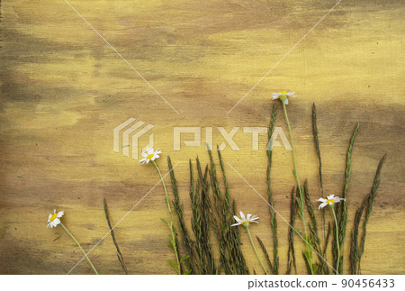 Chamomile and grass on a wooden background in yellow and brown close-up.  90456433