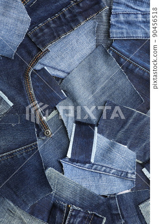 Many patches of old jeans as background, top view 90456518