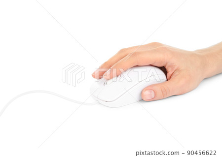 Woman using modern wired optical mouse isolated on white, closeup 90456622