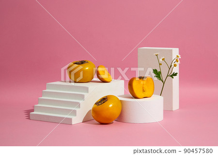 Front view of white stairway , podium , flowers in trendy pink background and blank space for advertising Front view of white stairway , podium , flowers in trendy pink background and blank space for advertising 90457580