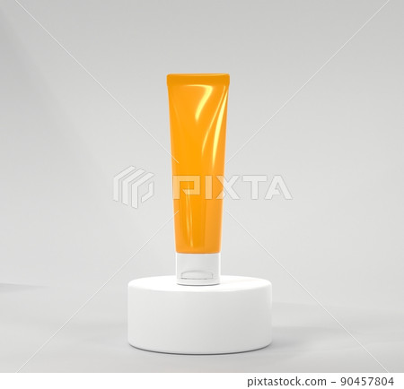 3D Sunscreen tube on podium mock up banner. Beauty cosmetic cream, skincare lotion, blank orange container on white background. Sunblock bottle on cylindrical stage for display product, 3d render 90457804