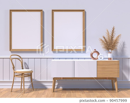Mock up poster frames with wooden chair and dried plant in modern interior 90457999