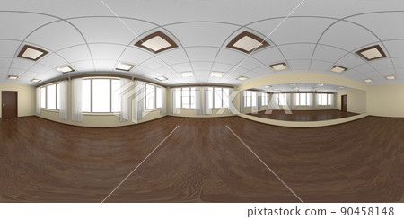 Empty dance-hall with yellow walls and wooden parquet 360 degrees panorama 90458148