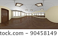 Empty ballroom with yellow walls and wooden parquet 360 degrees panorama 90458149