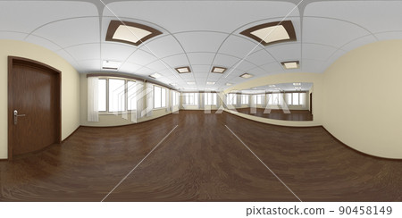 Empty ballroom with yellow walls and wooden parquet 360 degrees panorama 90458149