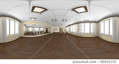 Empty dance room with yellow walls and wooden parquet 360 degrees panorama 90458150