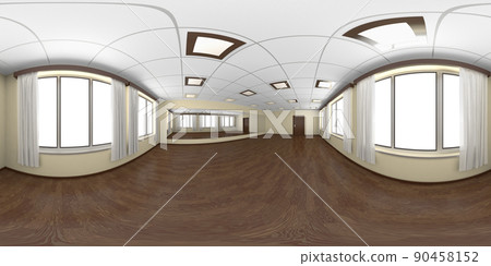 Empty danceing room with wooden parquet and yellow walls 360 degrees panorama 90458152