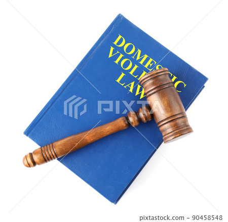 Domestic violence book and wooden gavel on white background, top view 90458548