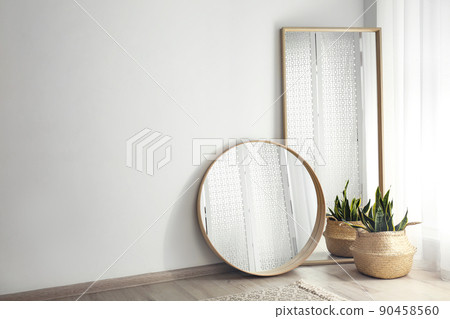 Mirrors and potted plant near window in light room Mirrors and potted plant near window in light room 90458560