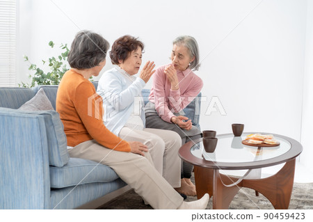 Senior women chatting in the living room 90459423