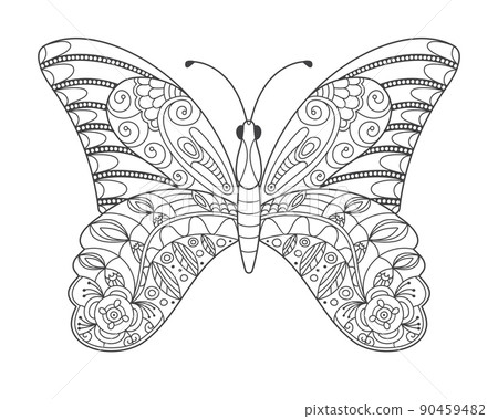 Beautiful butterfly in doodle style. The hand drawn illustration can be used for children's or adult coloring books and for tattoos. Isolated image in zentangle style, on a white background. 90459482