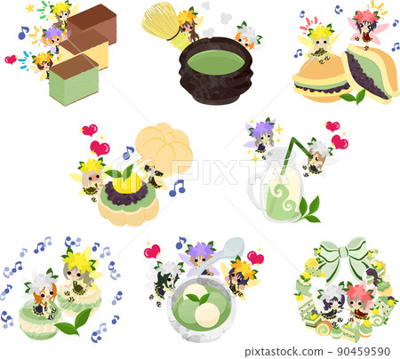 可愛的花仙子和抹茶甜點的插圖，如卡斯特拉、銅鑼燒、正中、抹茶拿鐵、馬卡龍和白玉 90459590