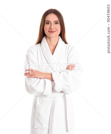 Young woman in bathrobe on white background Young woman in bathrobe on white background 90459603