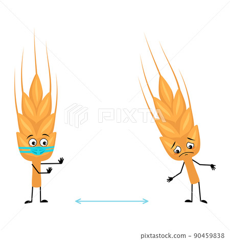 Cute ear of wheat character in medical mask keep distance, arms and legs. Healthy cereal with care expression and posture, vitamin rich food. Vector flat illustration 90459838