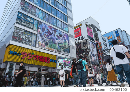 Illustrations of people enjoying shopping in Akihabara on holidays Illustrations of people enjoying shopping in Akihabara on holidays 90462100