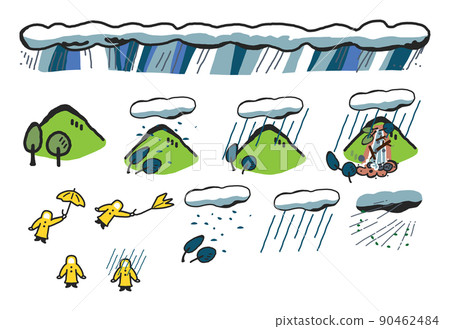 emergency! Natural disasters caused by heavy rain are approaching! Set illustration material 90462484
