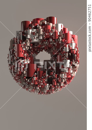 Abstract ring torus of glossy glass and plastic spheres, red color 3D render 90462751