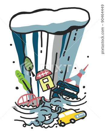 emergency! Natural disasters caused by heavy rain are approaching! Set illustration material 90464449