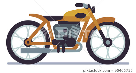 Yellow motorbike. Motorcycle road racing, classic vehicle, speed extreme driving, modern or vintage urban moped, travel and sport transport, motocross vector cartoon flat illustration Yellow motorbike. Motorcycle road racing, classic vehicle, speed extreme driving, modern or vintage urban moped, travel and sport transport, motocross vector cartoon flat illustration 90465735