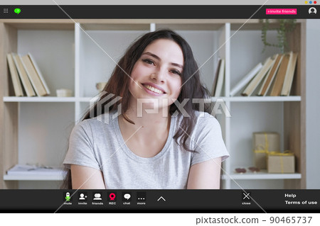 Online education. Happy woman. Screen mockup. Smiling casual lady sitting desk having webinar in light room interior. Online education. Happy woman. Screen mockup. Smiling casual lady sitting desk having webinar in light room interior. 90465737
