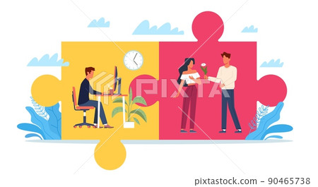Work and personal life. Money and love choice, career or family dilemma, man in office and on date, priority in life, professional growth, two puzzle pieces, vector cartoon flat concept Work and personal life. Money and love choice, career or family dilemma, man in office and on date, priority in life, professional growth, two puzzle pieces, vector cartoon flat concept 90465738