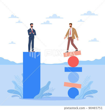 Stability and risk. Balance and loss of control, businessmen stand on stands, uncertainty and fragile company, different management style, confident and insecure person, vector concept 90465751