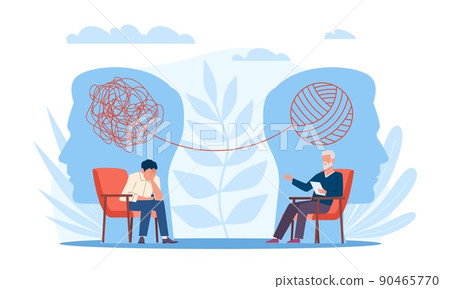 Psychotherapy. Man patient talks about his emotional problems to therapist, tangled lines above, depression treatment, psychological help, mental health vector cartoon flat style concept 90465770