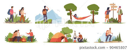 Cartoon hiking characters. Male and female tourists expedition, travelling on nature, people sitting by fire, resting in tent, explorers adventure, healthy lifestyle vector active hobby set Cartoon hiking characters. Male and female tourists expedition, travelling on nature, people sitting by fire, resting in tent, explorers adventure, healthy lifestyle vector active hobby set 90465807