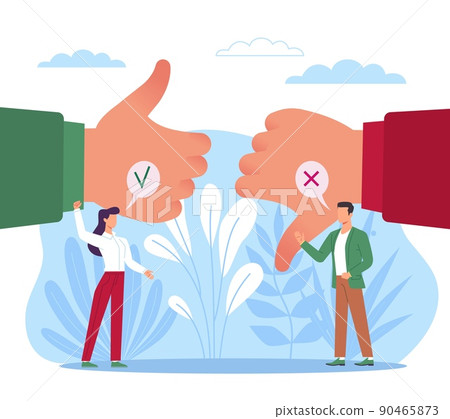 Choose between positive and negative. Decision making, comparison of pros and cons, huge hand gestures, tiny people thinking, right and wrong way, vector cartoon flat isolated concept 90465873