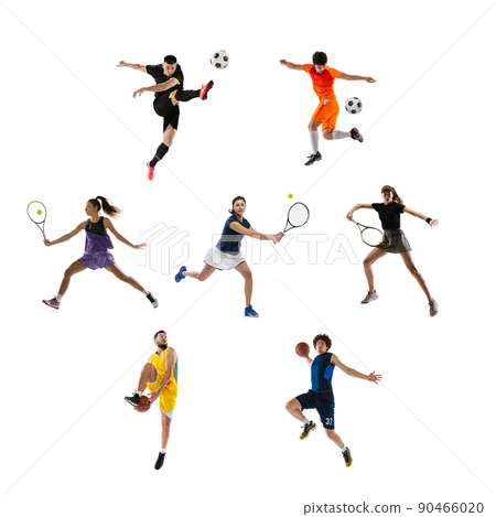 Collage of different professional sportsmen, fit people in action and motion isolated on white background. Concept of sport, achievements, competition, championship. 90466020