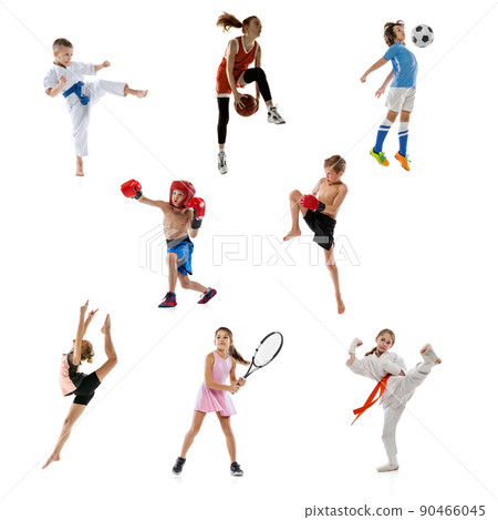 Collage of little sportsmen, fit boys and girls in action and motion isolated on white background. Concept of sport, achievements, competition, championship. Collage of little sportsmen, fit boys and girls in action and motion isolated on white background. Concept of sport, achievements, competition, championship. 90466045