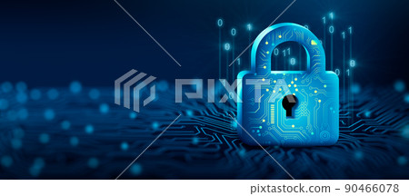 Padlock with Keyhole in data security on Converging point of circuit. Cyber data and information privacy. Future technology security, Network protection, and Modern safety digital Concept. 3D render. 90466078