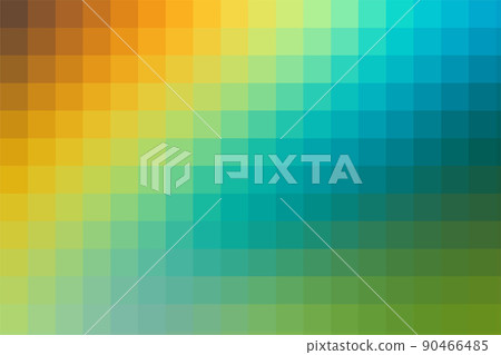 Background of orange and blue and green colors squares connected diagonally. Geometric texture. Abstract art pattern of square pixels, space for your design or text. A backing of mosaic squares for 90466485