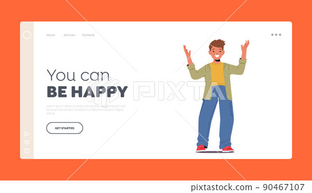 Positive Facial Expression Landing Page Template. Happy Little Boy with Raised Arms and Wide Smile, Kid Emotion of Joy 90467107