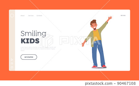 Smiling Kids Landing Page Template. Child Character Express Fun Feelings, Happy Little Boy Laughing with Outspread Arms 90467108