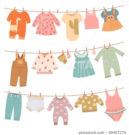 Clothes on ropes. Baby dress, infant cloth hang on rope. Cute children clothing after washing on clothesline, isolated pajamas, laundry apparel classy vector set Clothes on ropes. Baby dress, infant cloth hang on rope. Cute children clothing after washing on clothesline, isolated pajamas, laundry apparel classy vector set 90467279