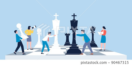 Chess game. Business strategic of leadership, management attack plan. People with figures on board, company work relationship. Competition recent vector metaphor 90467315