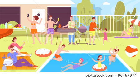 People in backyard pool. Home swimming poolside... - Stock Illustration ...