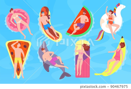 People on air mattresses. Man swimming inflatable mattress bed rubber ring in pool, family floating sea, beautiful woman bikini sunbathing relax People on air mattresses. Man swimming inflatable mattress bed rubber ring in pool, family floating sea, beautiful woman bikini sunbathing relax 90467975