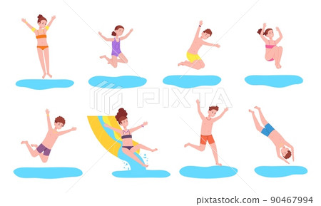 Kids jump in water. Happy children jumping splash pool, swimming play diving sea bath action child sun fun party boy girl splashing jumps little divers splendid vector illustration 90467994
