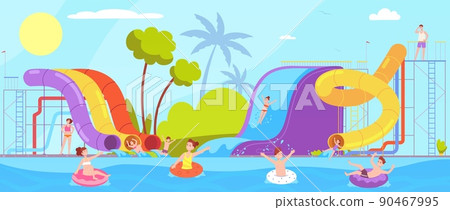 People vacation in aquapark. Family summer chill aquapark or swim hotel pool party, parents child entertainment sea extreme waterpark slide attraction, splendid vector illustration 90467995