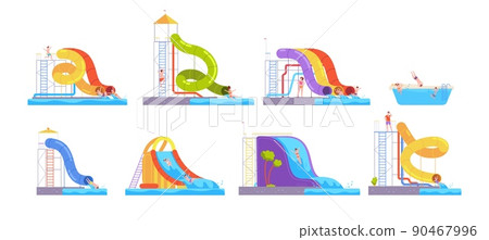 Families in aquapark. Family on inflatable slide aqua park, extreme waterpark swimming pool summer entertainment sliding people in waterslide tube swim splendid vector illustration 90467996