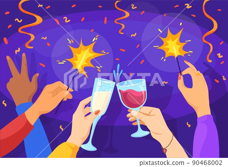 Hands cheering toast. Women club drink party, cheer glass champagne wine, friend gathering celebrate birthday or christmas work banquet 90468002