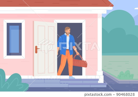 Man leaving house. Father go to work, professional businessman entrance from cottage home, male character bag briefcase through open door residencial building, vector illustration Man leaving house. Father go to work, professional businessman entrance from cottage home, male character bag briefcase through open door residencial building, vector illustration 90468028