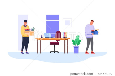 Employee turnover. Jobless man leaving office company, staff replace change replaced employees, dismissed resign worker, replacement workplace two managers, vector illustration Employee turnover. Jobless man leaving office company, staff replace change replaced employees, dismissed resign worker, replacement workplace two managers, vector illustration 90468029