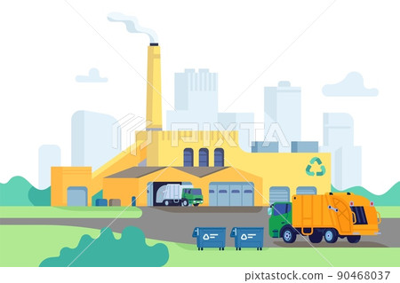 Waste factory building. Incineration and recycling of garbage process. Trash transportation and shipment. Environmental pollution. Rubbish utilization industrial plant. Vector concept 90468037