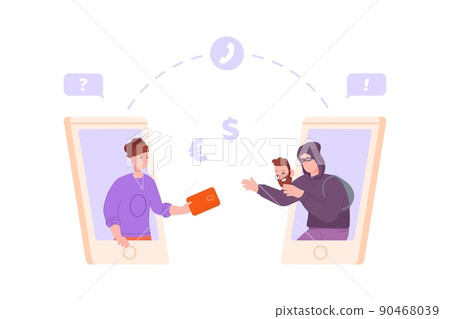 Phone bank scammer. Extortion money from credit debit card, awareness protecting swindle attack on call or spoof online banking app, financial fraud mask vector illustration 90468039