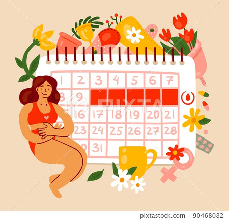 Menstrual or ovulation cycle calendar. Woman sitting near large table with PMS period marks. Menstruation control. Female hormones and reproductive system. Menses organizer. Vector concept 90468082