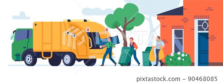 Garbage transportation workers. Scavengers take bins. Janitors loading trash into truck. Municipal rubbish service. Household waste. Dustmen carry bags and containers. Vector concept 90468085