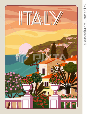 Retro Poster Italy, mediterranean romantic landscape, mountains, seaside town, sailboat, sea. Retro travel poster Retro Poster Italy, mediterranean romantic landscape, mountains, seaside town, sailboat, sea. Retro travel poster 90468169